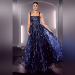 Navy Scooped Neck A-Line Gown with Glitter Details from La Divine - J840